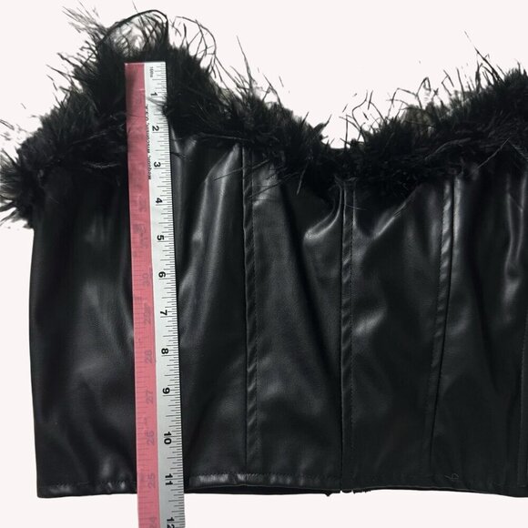 Windsor Marabou Feather Faux Leather Corset Top Strapless Womens L Rocker Edgy - Picture 6 of 9